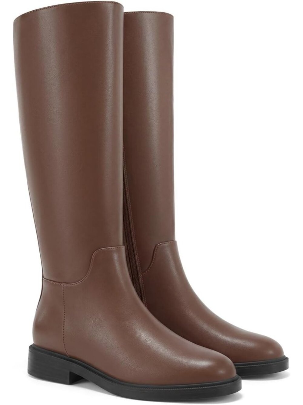 Women's Dark Brown Leather Closed Round Toe Side Zipper Chunky Low Heel Boots